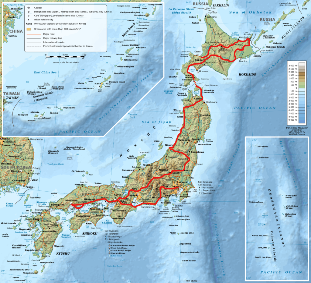 Topographic map of Japan with route outlined