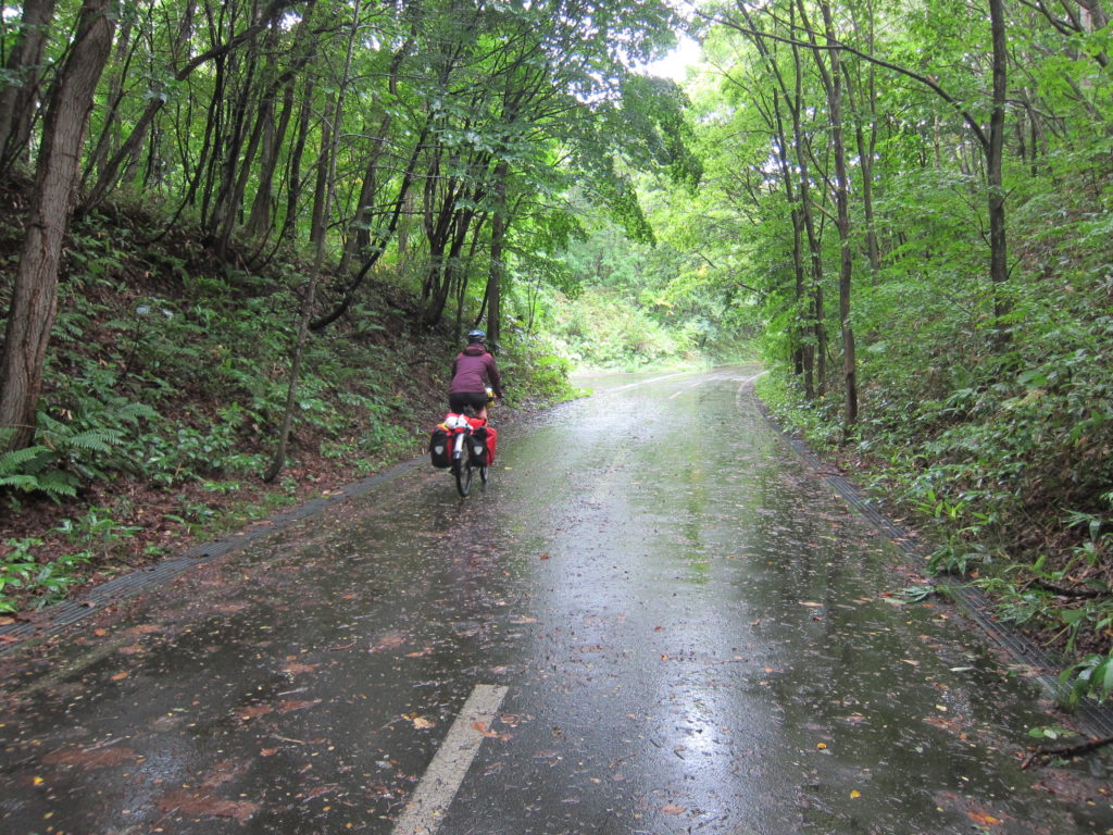 Rosien riding her bicycle through a wet forest